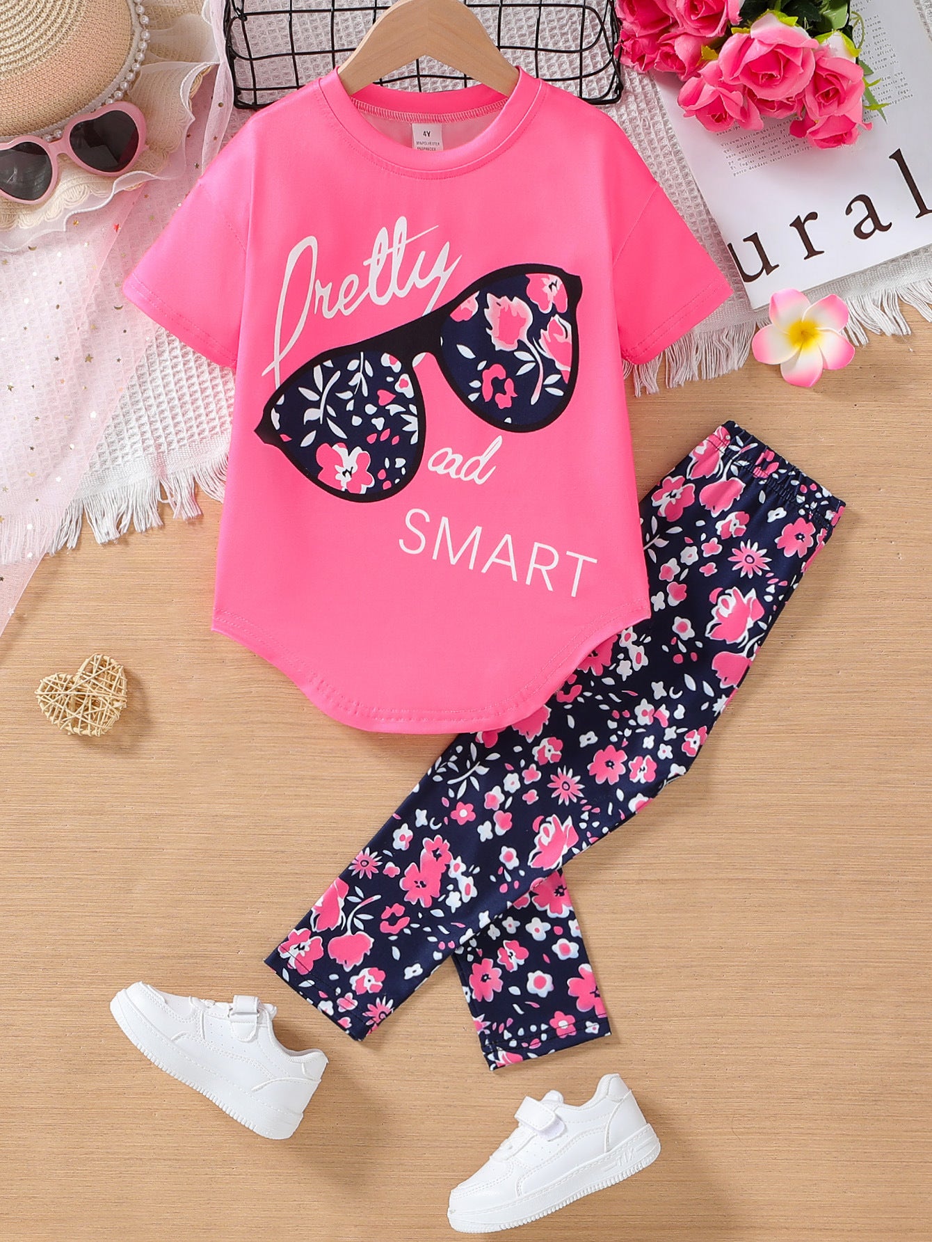 Girls Heat Transfer Patch Short Sleeve Round Neck Top Casual Pants Suit