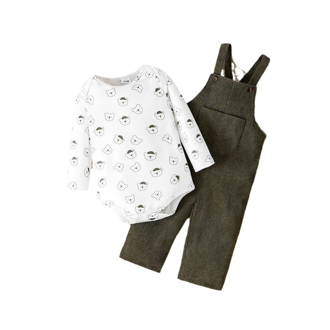 Baby Boy Long Sleeve Romper Corduroy Suspender Pants 2pc Set