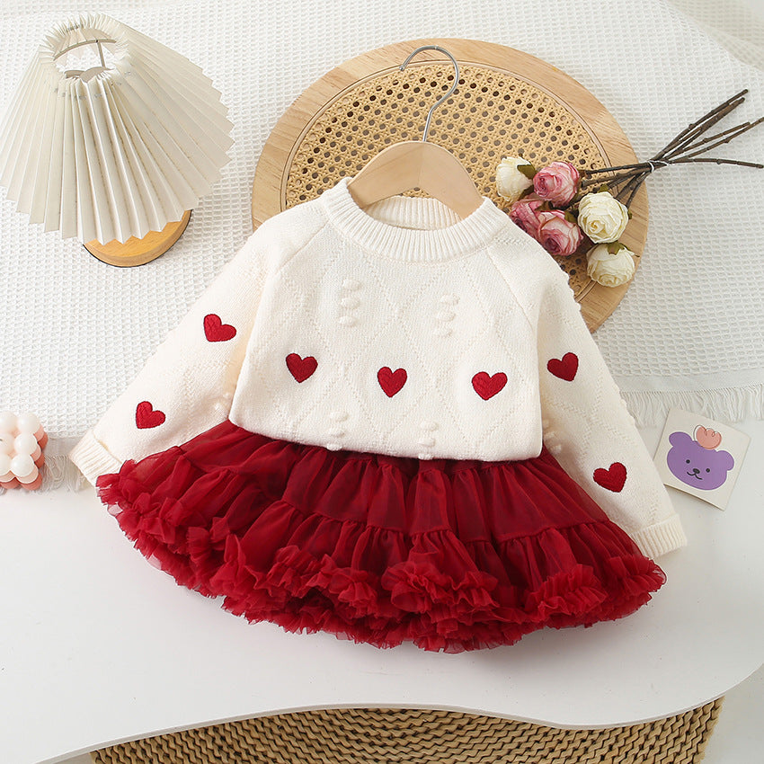 Girl's Sweater Love Embroidered Knitted Top & Skirt