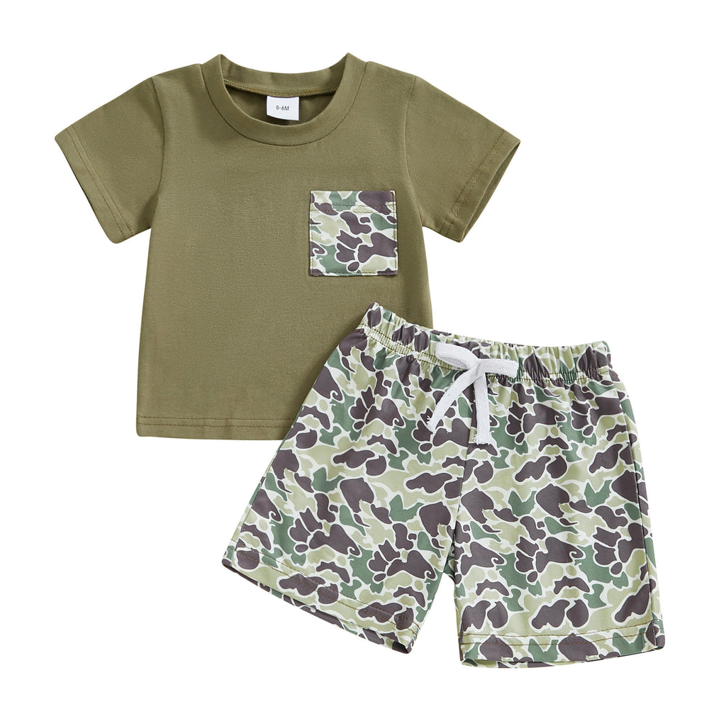 Boy's Camouflage Printed Faux Pocket Short Sleeve Top Set