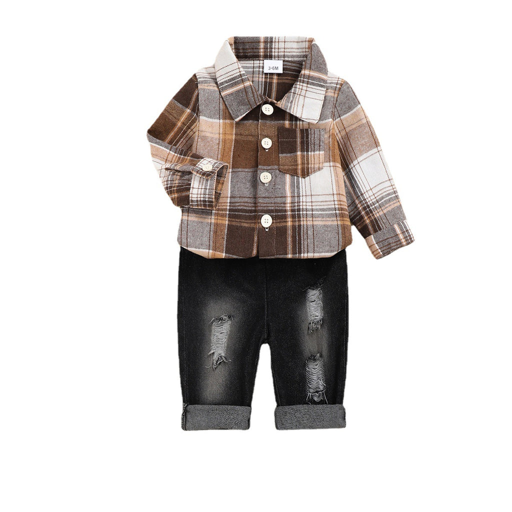 Boys' Plaid Shirt & Denim Pants 2pc Set