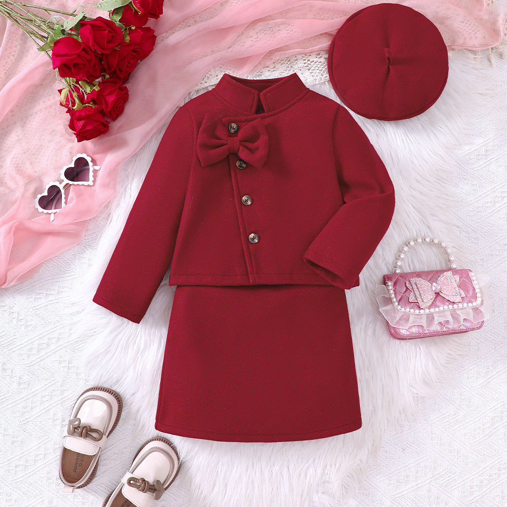 Girls' Red Woolen Bow Top Skirt 3pc Outfit