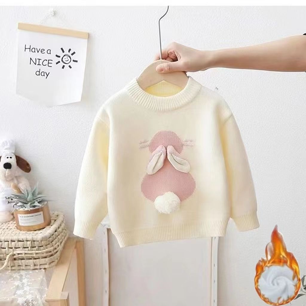 Girls' Knitted Fleece-Lined Rabbit Sweater
