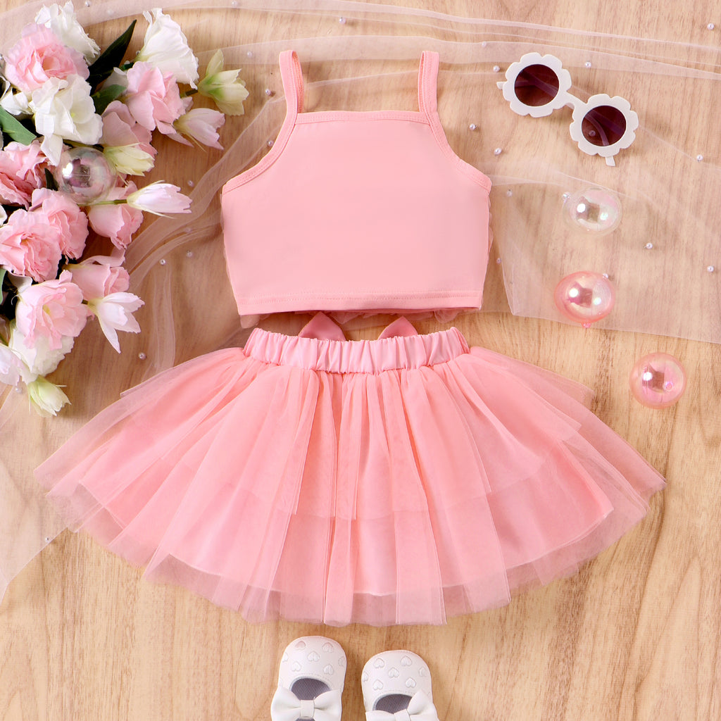 Girl Flower Strappy Bow Mesh Skirt Suit