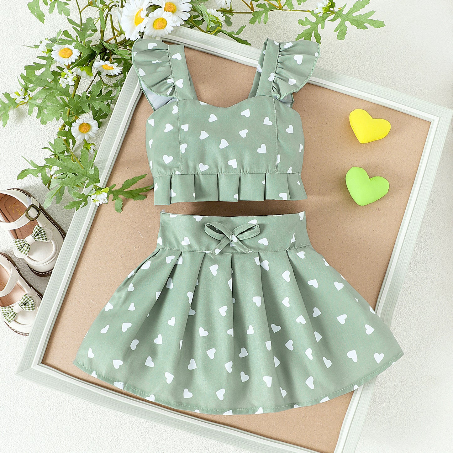 Girls' Flounced Sleeve Printed Strappy Bow Pleated Skirt Two-piece Set