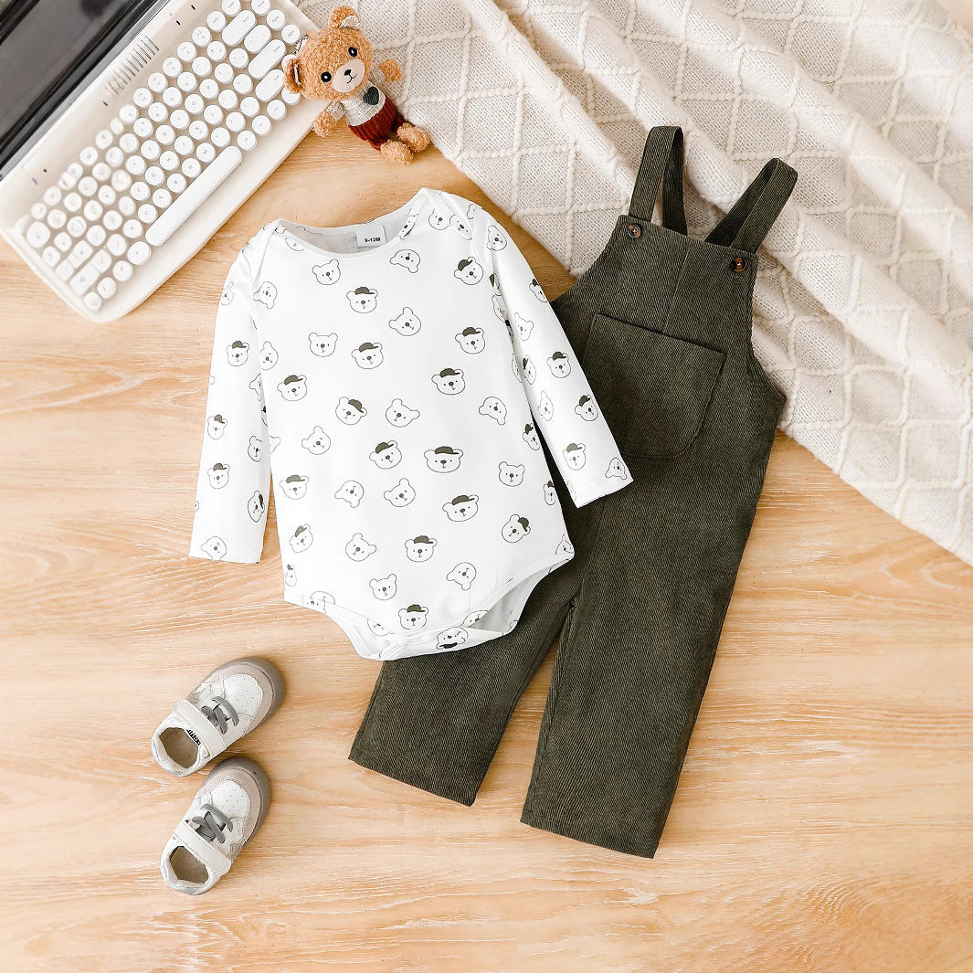 Baby Boy Long Sleeve Romper Corduroy Suspender Pants 2pc Set