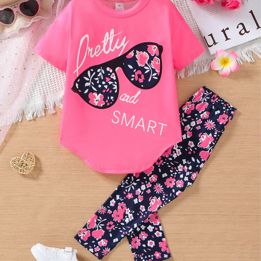 Girls Heat Transfer Patch Short Sleeve Round Neck Top Casual Pants Suit