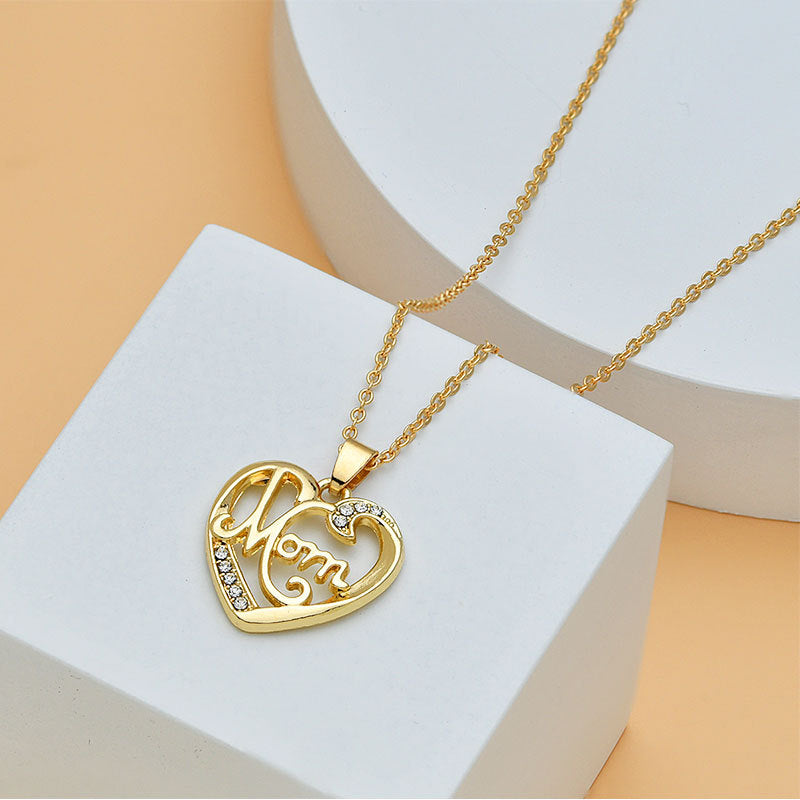 Mom Heart Shape With Diamond Letter Necklace, Gift For Mom