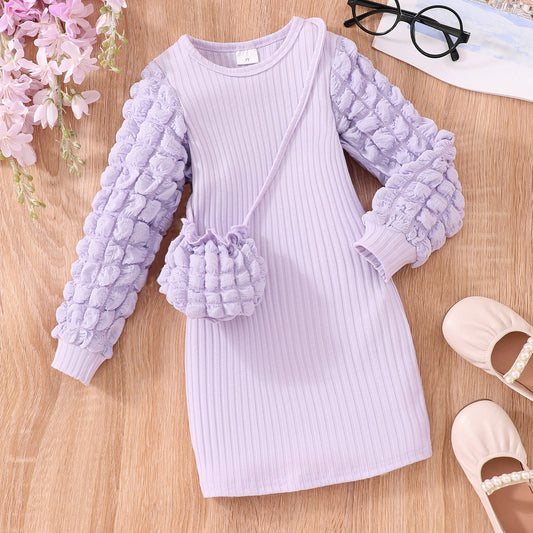 Girl Long-sleeved Bubble Sleeve Sunken Stripe Solid Color Dress
