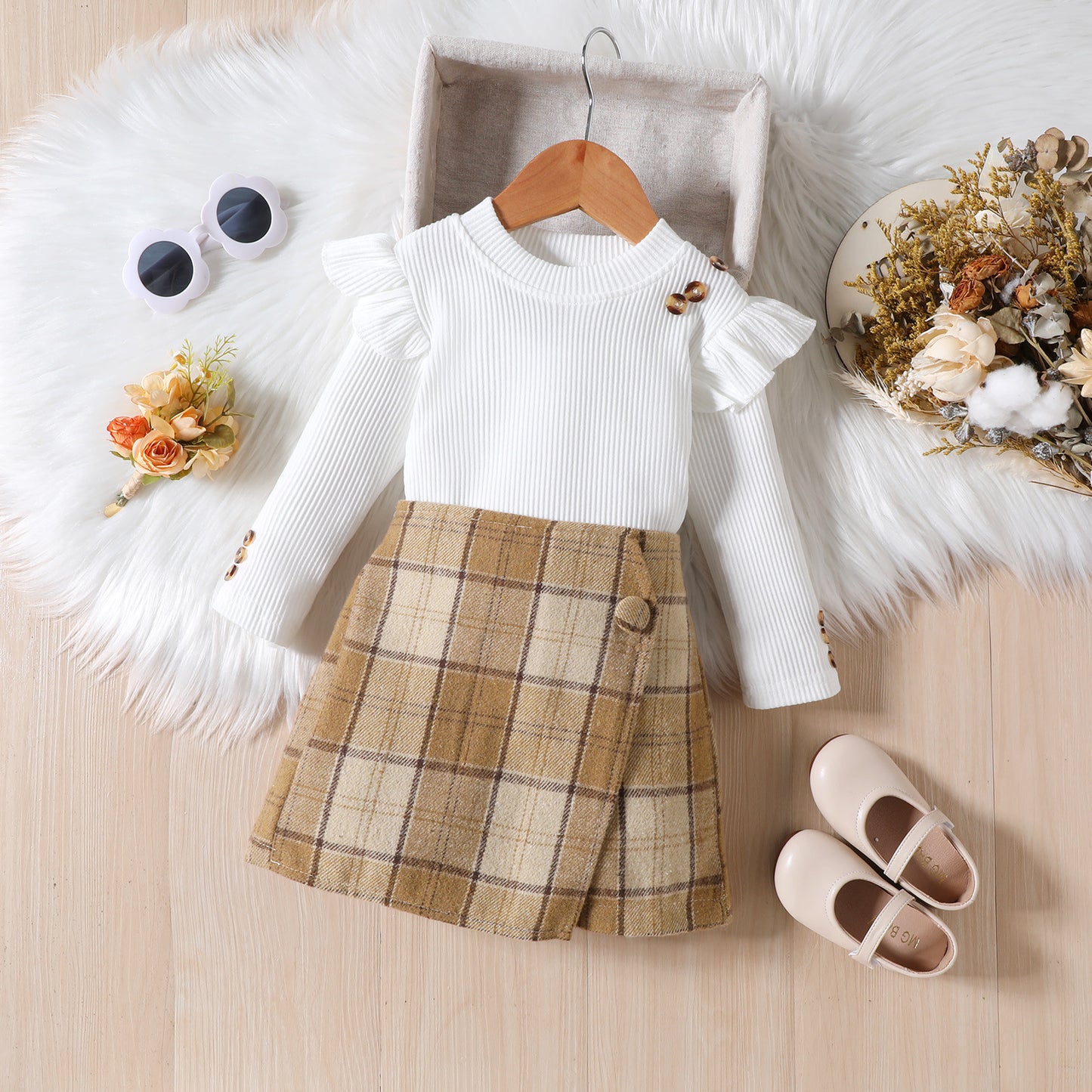 Girls' Elegant Long Sleeve Blouse & Asymmetrical Skirt Set
