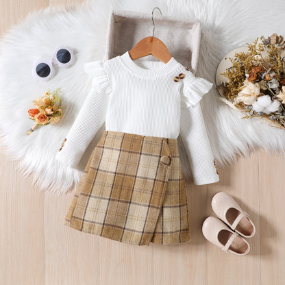 Girls' Elegant Long Sleeve Blouse & Asymmetrical Skirt Set