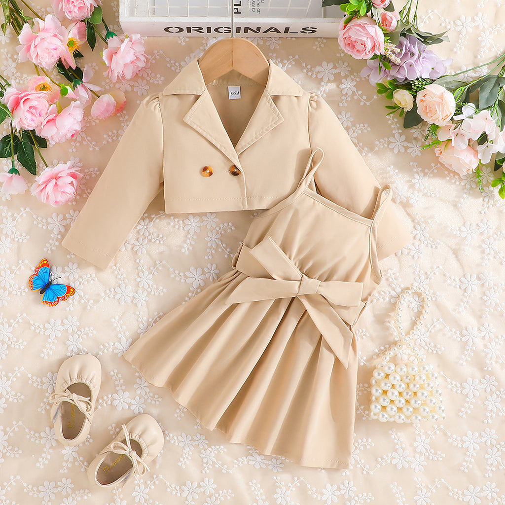 Baby/Toddler/Girl Jacket With Solid Color Sleeveless Dress 2pc Suit
