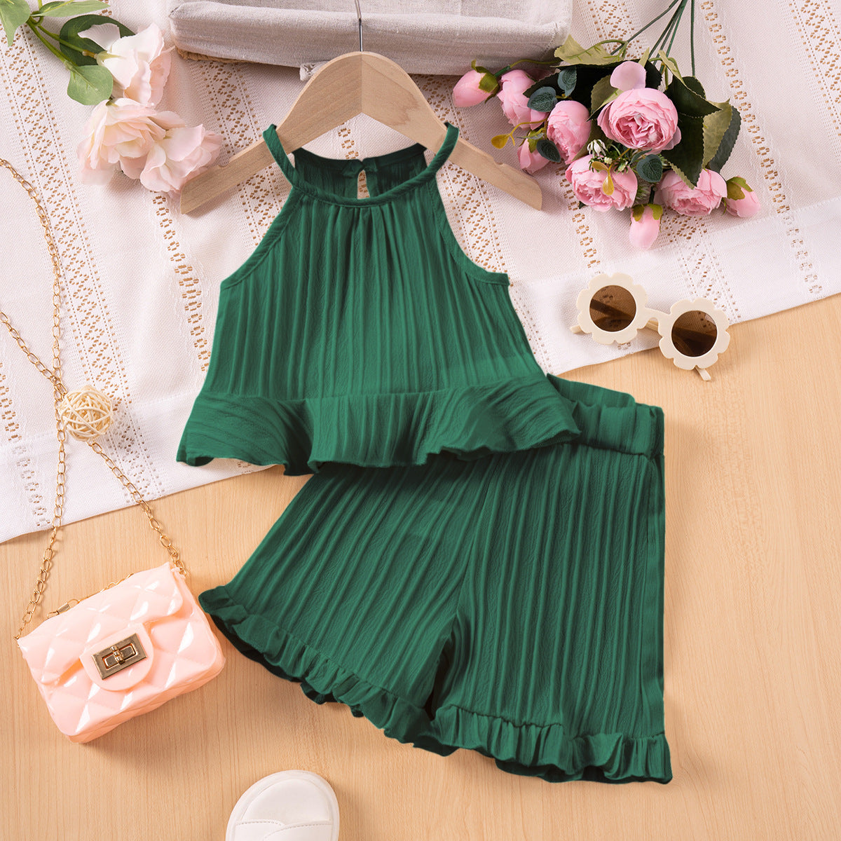 Girls Cold-shoulder Sleeveless Vest Two-piece Set
