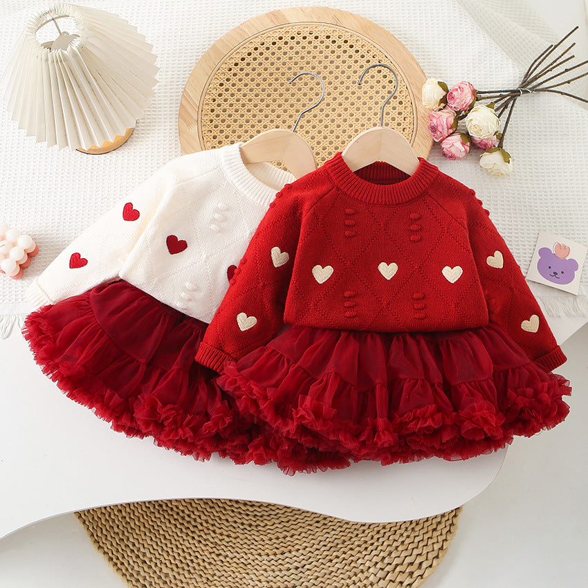 Girl's Sweater Love Embroidered Knitted Top & Skirt