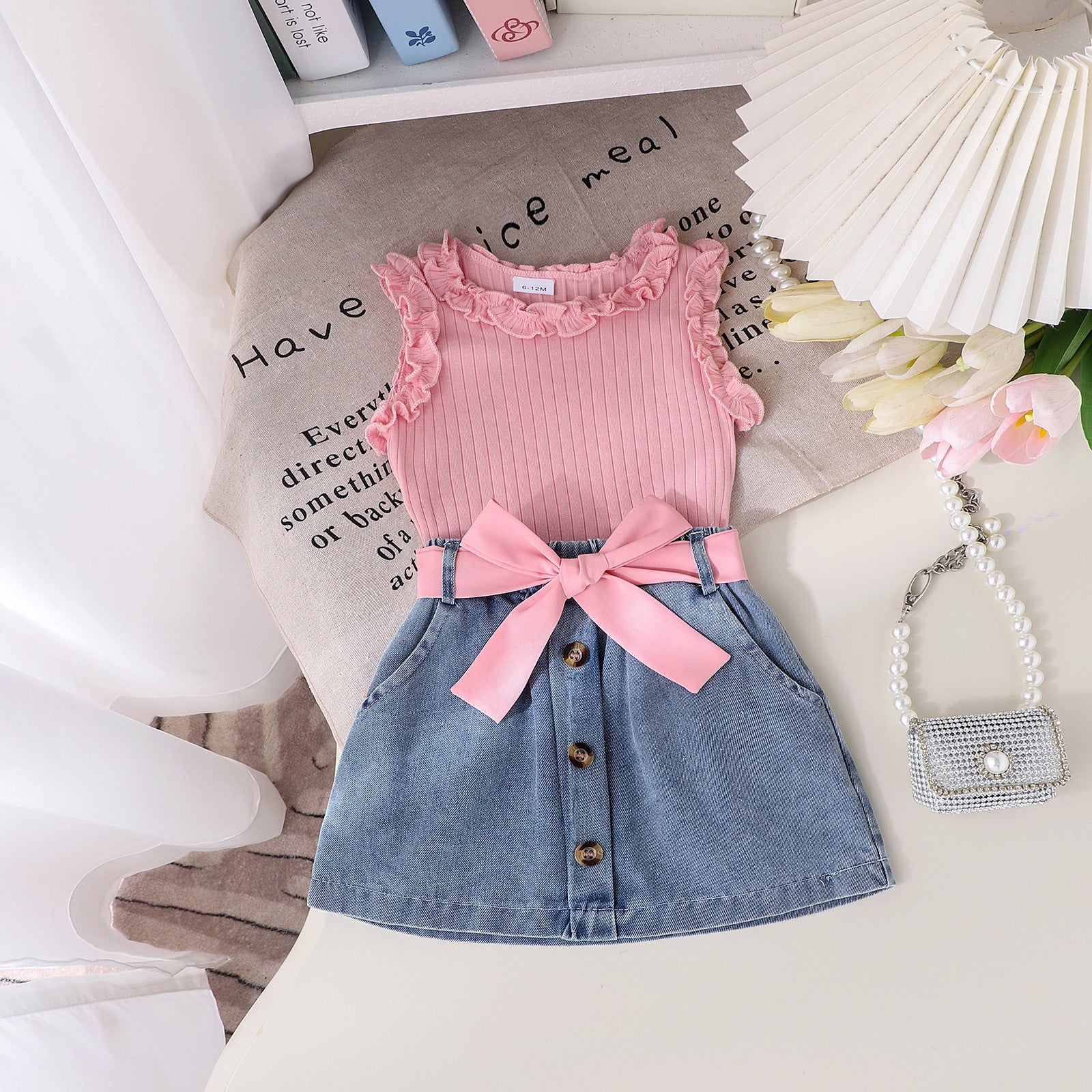 Girls' Summer Denim Skirt Belt Baby Toddler 3pc Set