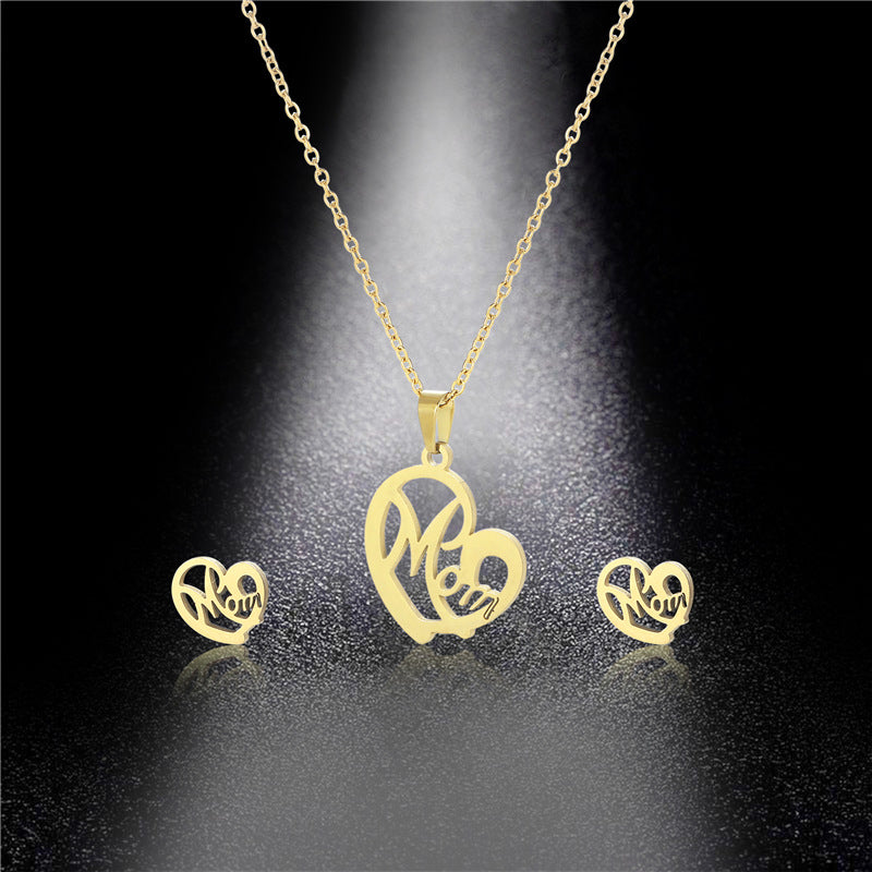 Fashion Jewelry Stainless Steel Heart-shaped Mom Necklace And Earring Set