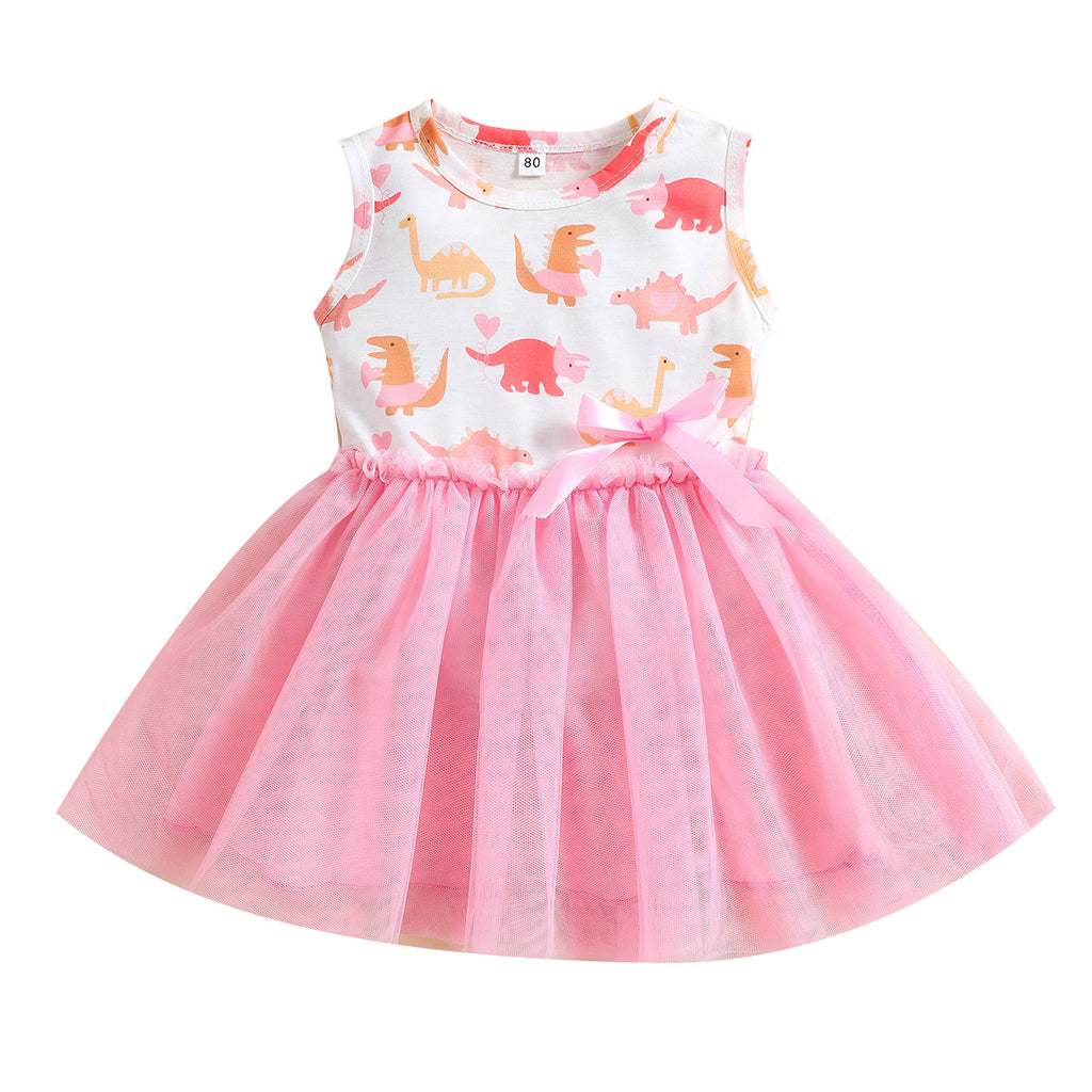 Girls Dress Dinosaur Printed Mesh Bow