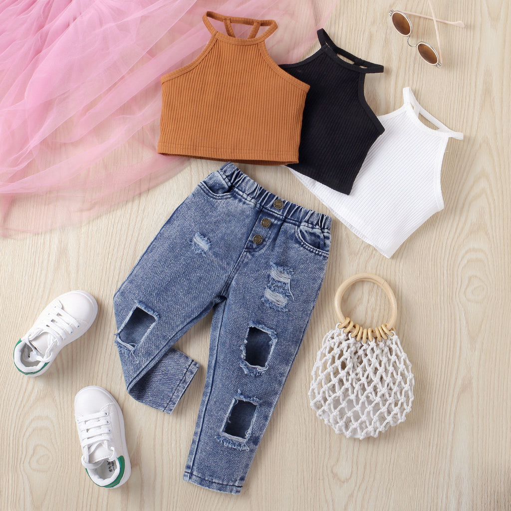Girls' Solid Color Halter Top Denim Pants 2pc  Set