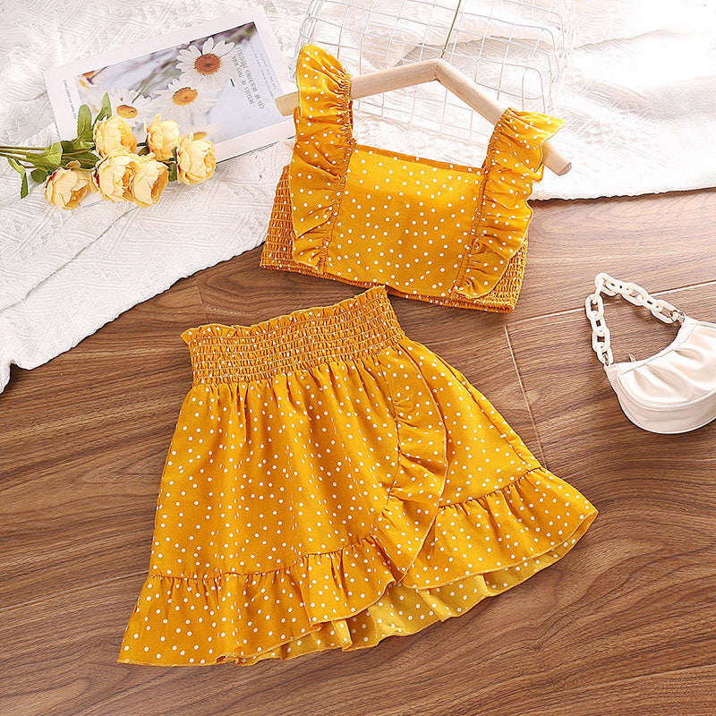 Girls' Suit Polka Dot Brace Top Lace Skirt Two-piece Set
