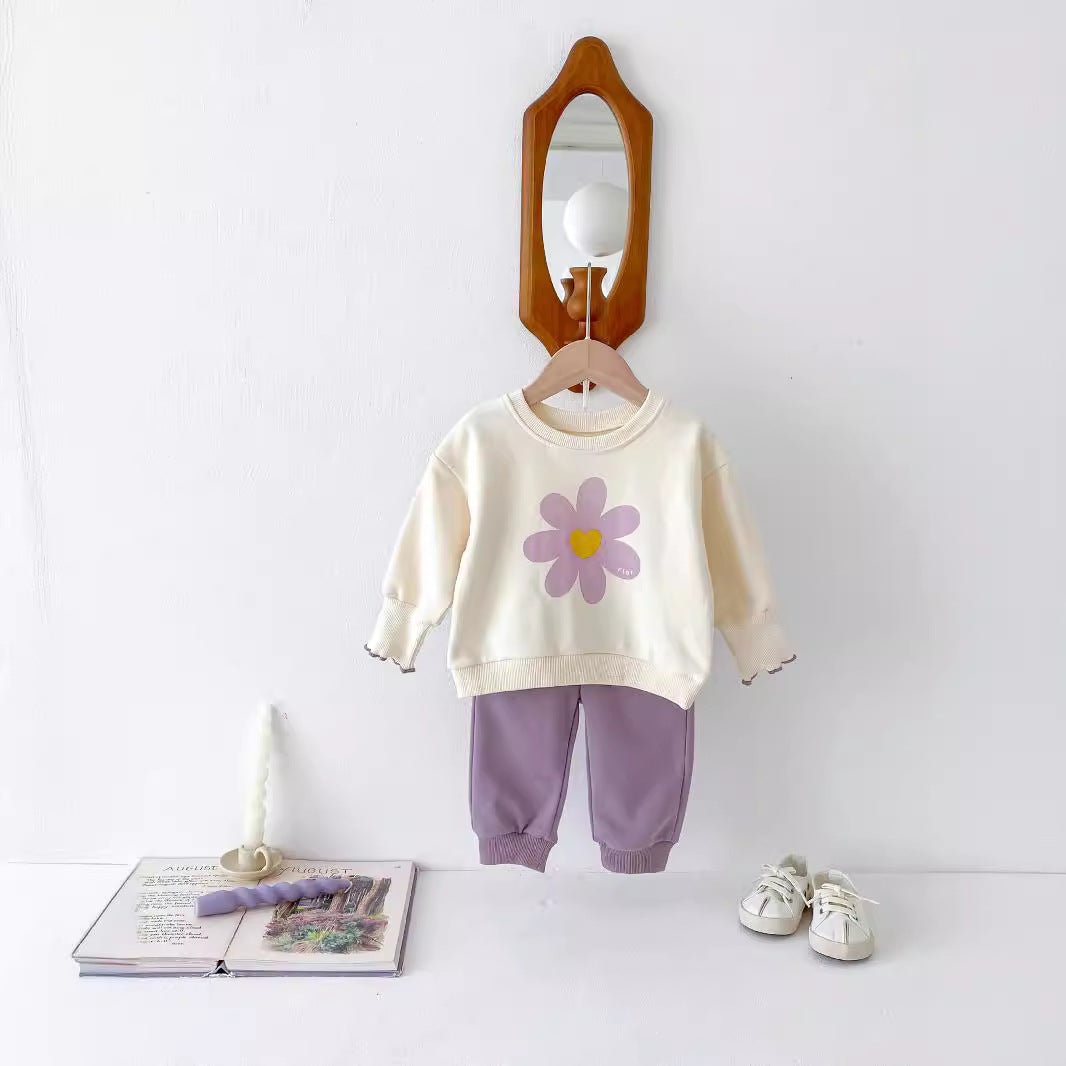 Baby Girls' Cute Flower Sweatshirt And Sweatpants 2pc Set