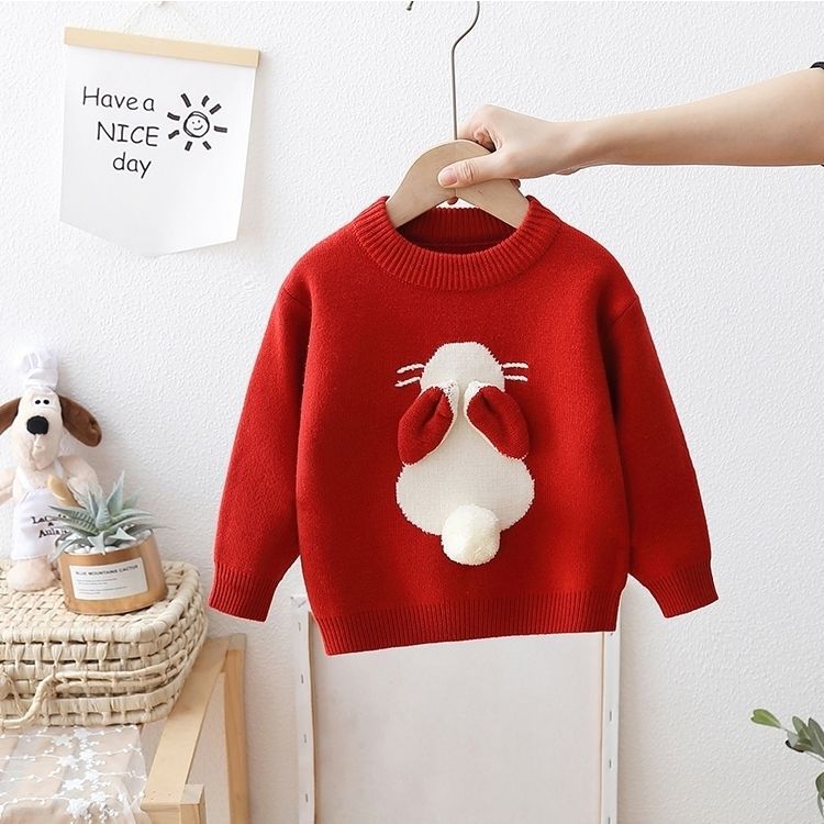 Girls' Knitted Fleece-Lined Rabbit Sweater