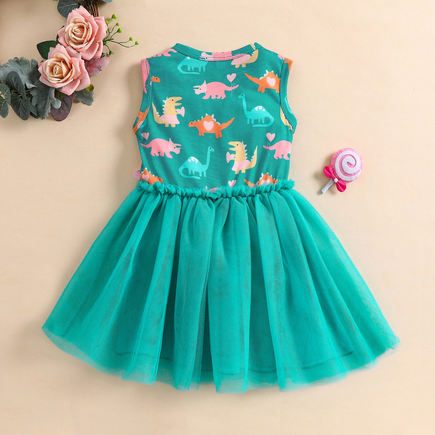Girls Dress Dinosaur Printed Mesh Bow