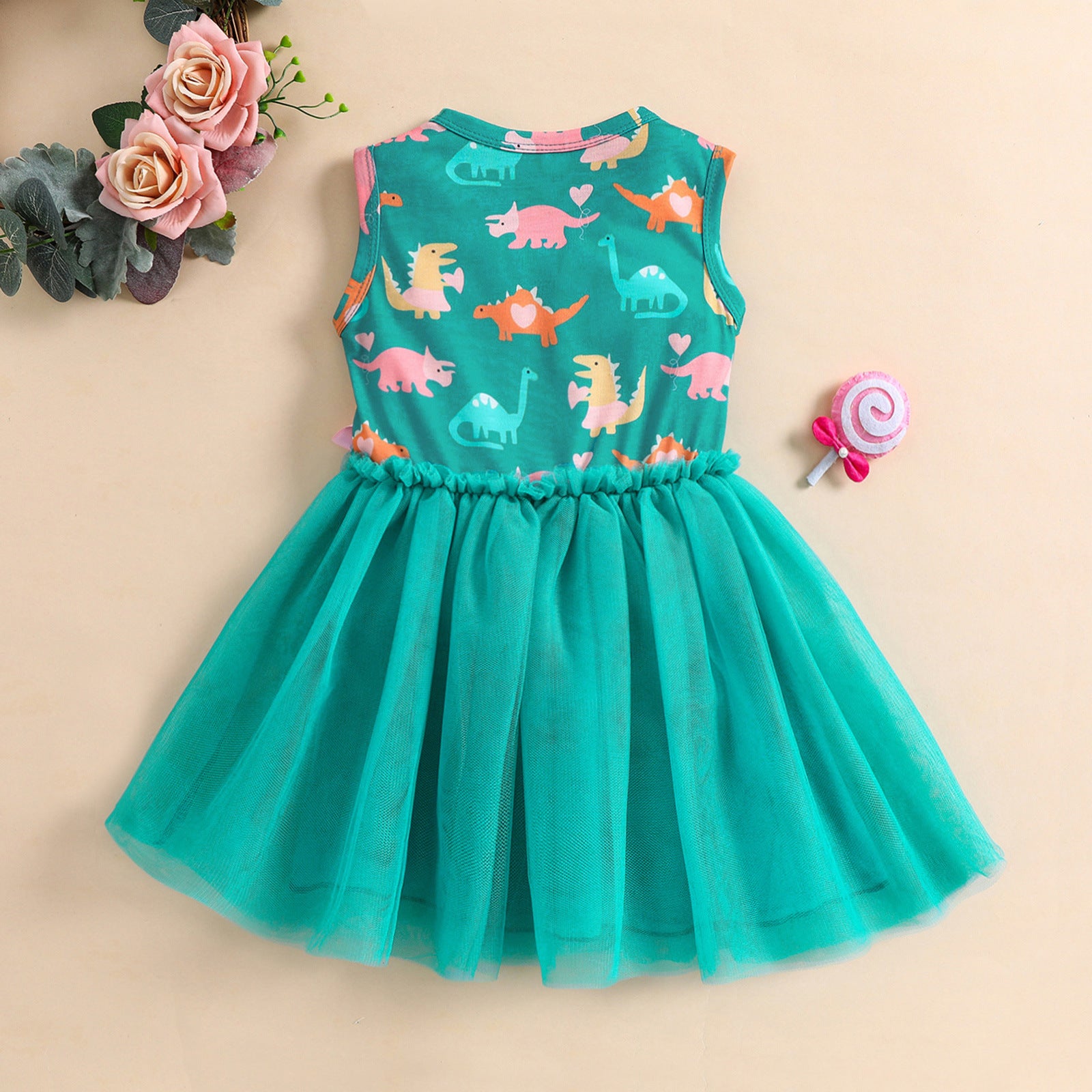 Girls Dress Dinosaur Printed Mesh Bow