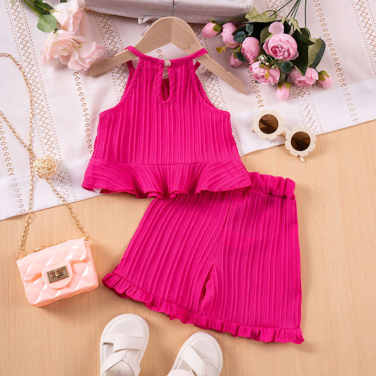 Girls Cold-shoulder Sleeveless Vest Two-piece Set