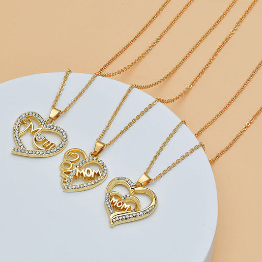 Mom Heart Shape With Diamond Letter Necklace, Gift For Mom