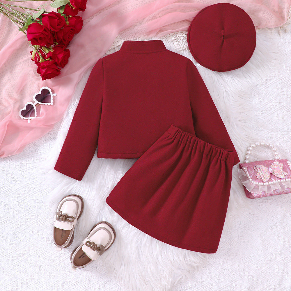 Girls' Red Woolen Bow Top Skirt 3pc Outfit