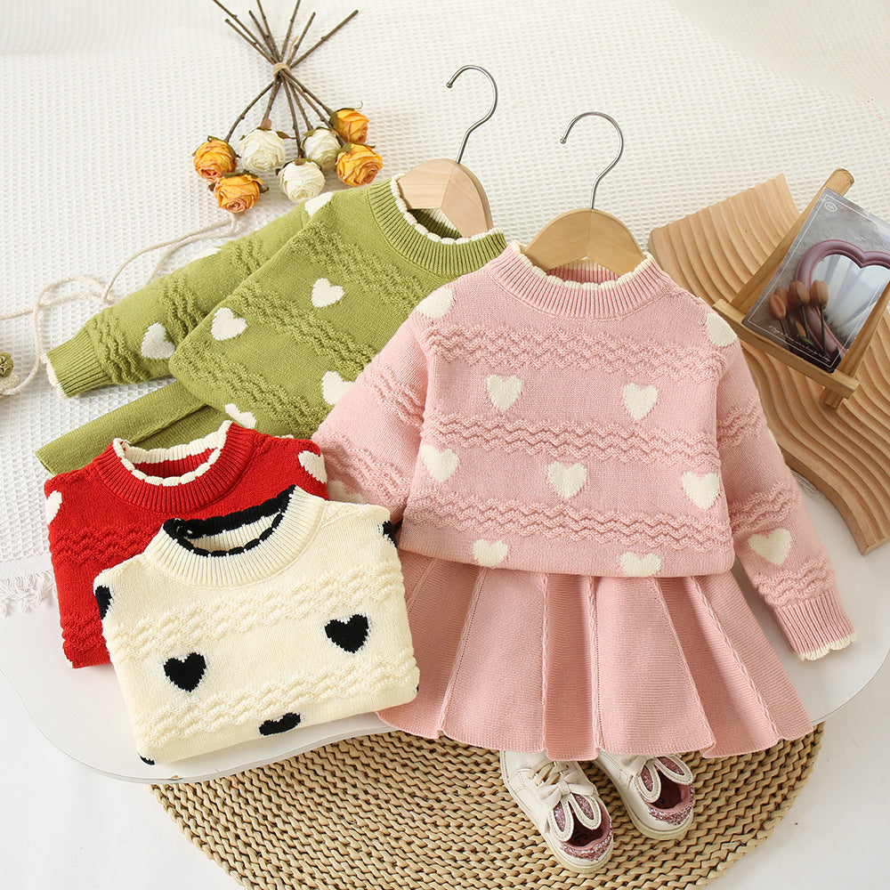 Girls' Round Neck Heart Sweater & Skirt 2pc Set