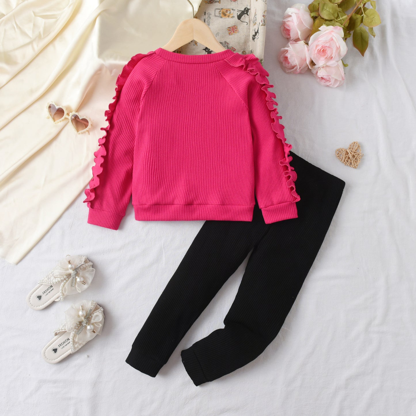 Heart Print Long Sleeve Sweater Casual Pants 2pc Set, Girl's Valentine's Outfit