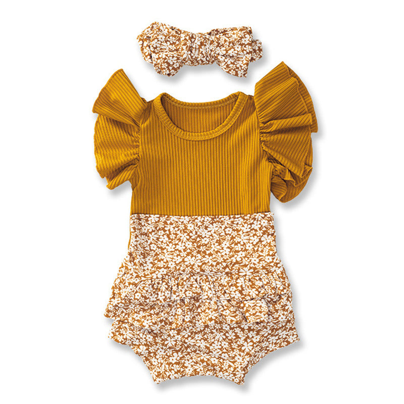 Summer Baby Girl Flounced Sleeve Triangle Onesie Set