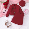 Girls' Red Woolen Bow Top Skirt 3pc Outfit