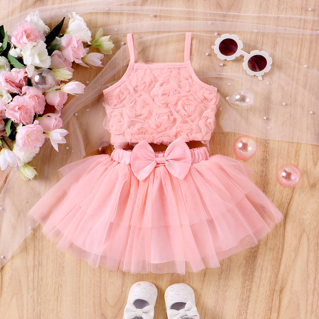 Girl Flower Strappy Bow Mesh Skirt Suit
