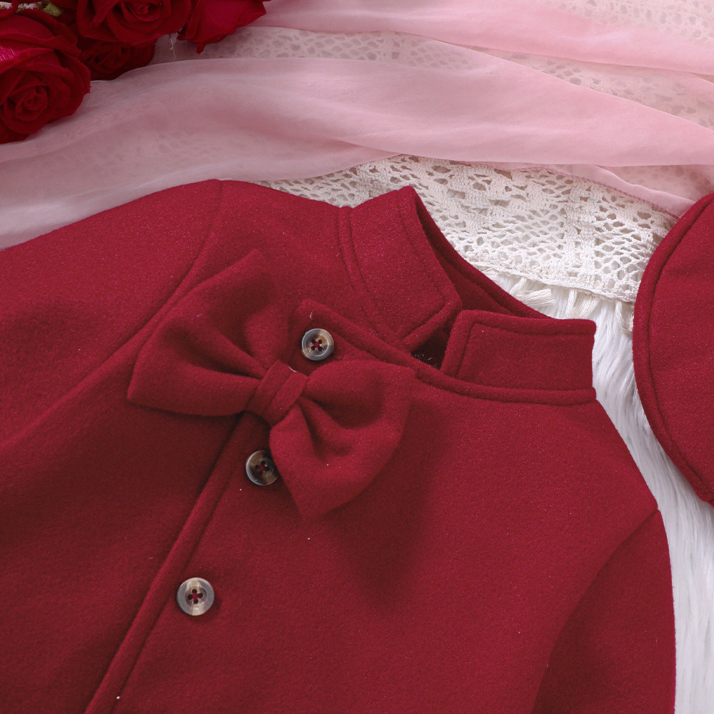 Girls' Red Woolen Bow Top Skirt 3pc Outfit