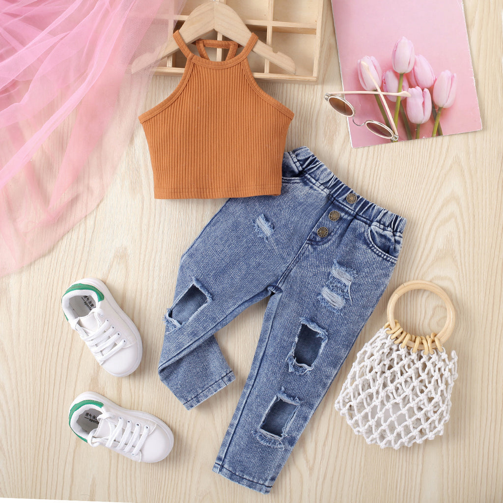 Girls' Solid Color Halter Top Denim Pants 2pc  Set
