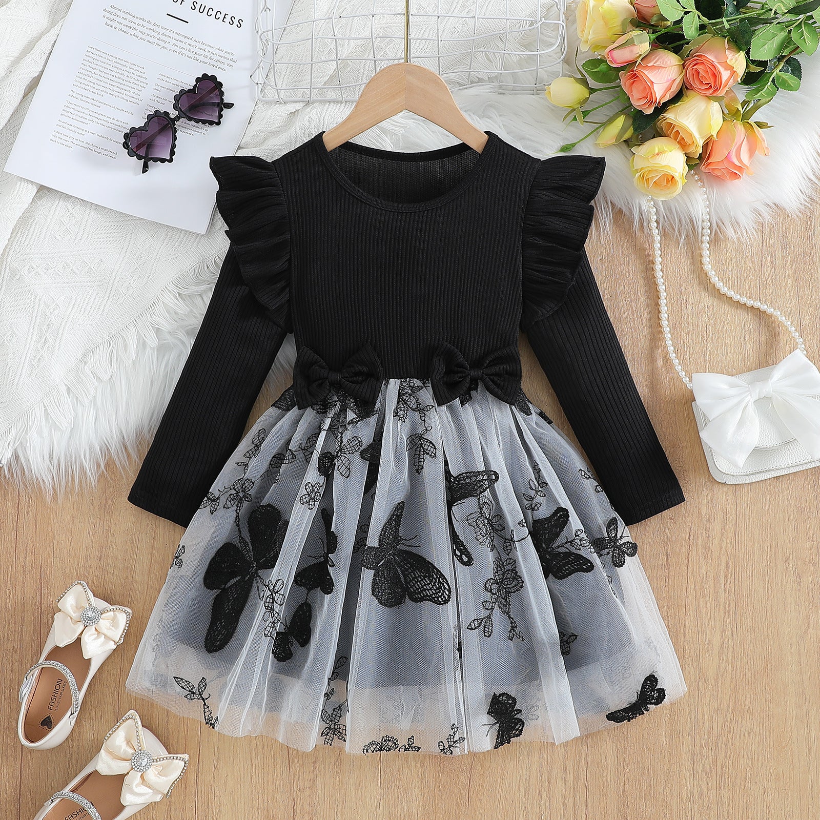 Girls' Black Butterfly Fashion Mesh Dress