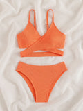 Children's Cross Backless Split Bikini Big Girls' Solid Color High Waist Beach Swimsuit