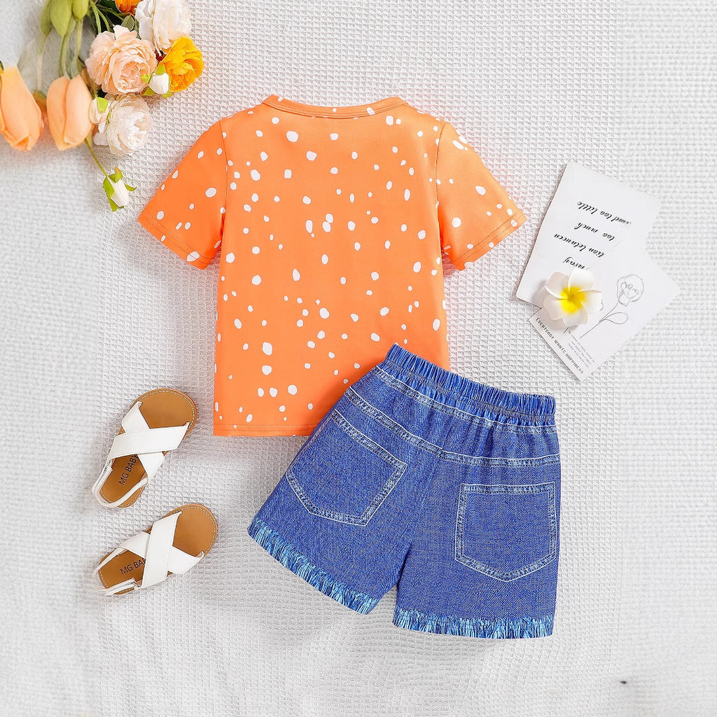 Cartoon Leopard Print Girls' Summer Top and Shorts Two-piece Set