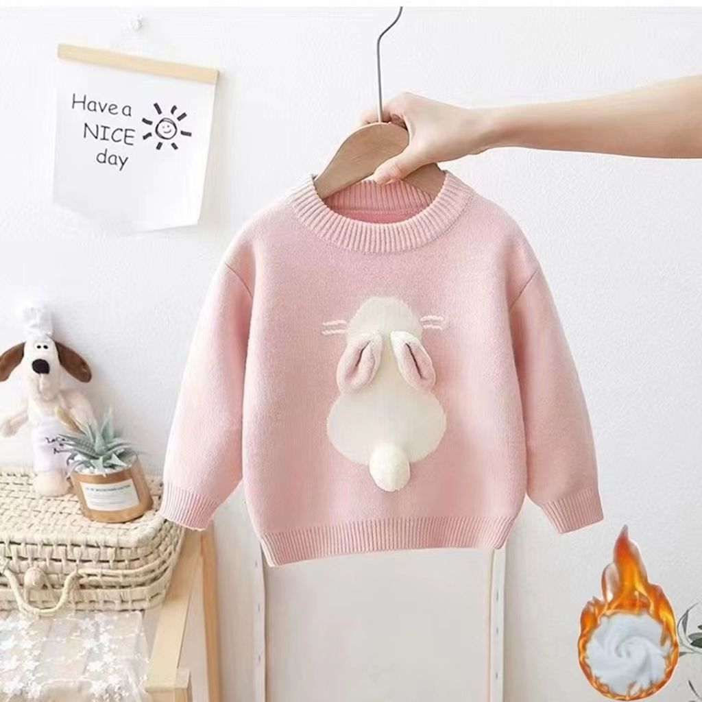 Girls' Knitted Fleece-Lined Rabbit Sweater