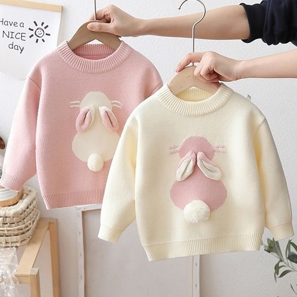 Girls' Knitted Fleece-Lined Rabbit Sweater