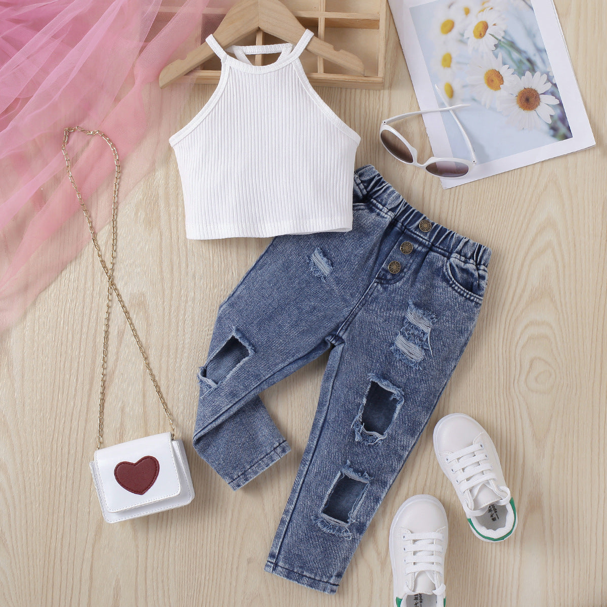 Girls' Solid Color Halter Top Denim Pants 2pc  Set