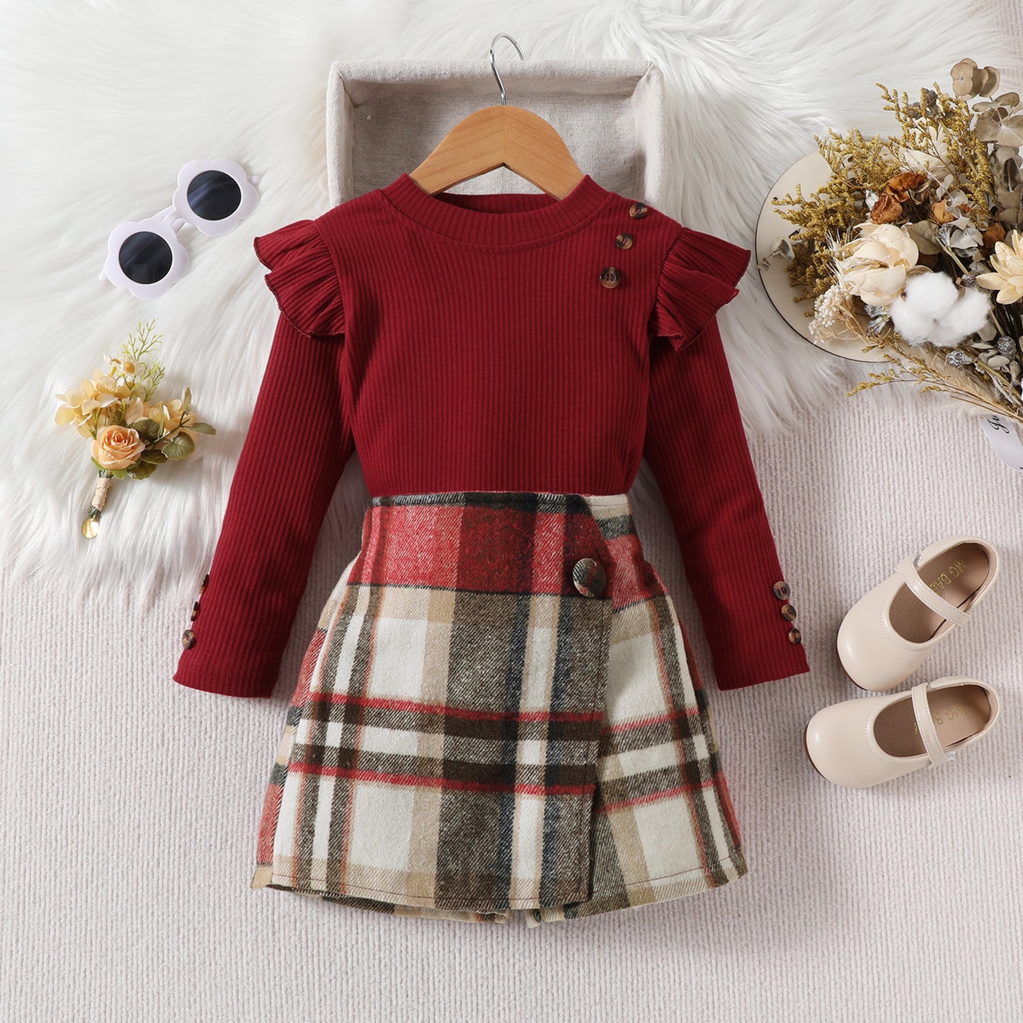 Girls' Elegant Long Sleeve Blouse & Asymmetrical Skirt Set