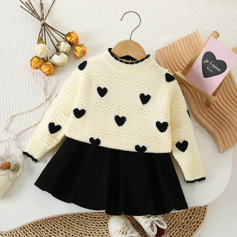 Girls' Round Neck Heart Sweater & Skirt 2pc Set