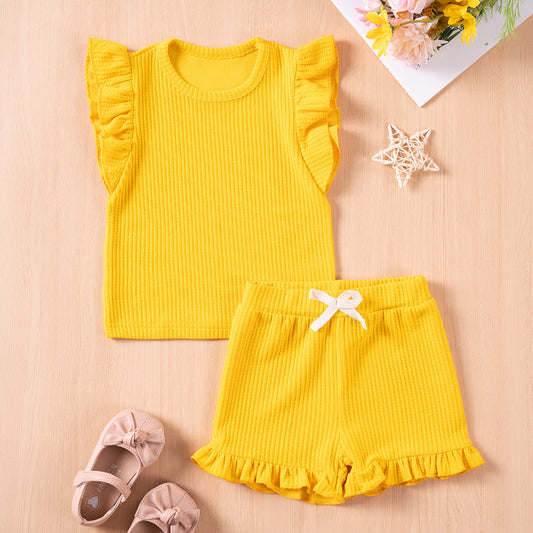 Girls' Summer Solid Colour Casual Flounced Sleeve Shorts Set