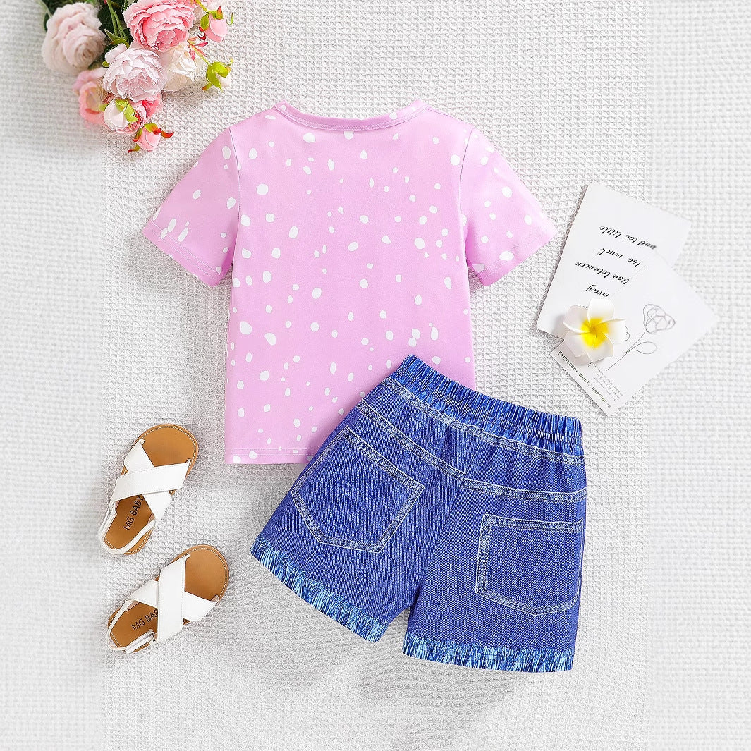 Cartoon Leopard Print Girls' Summer Top and Shorts Two-piece Set