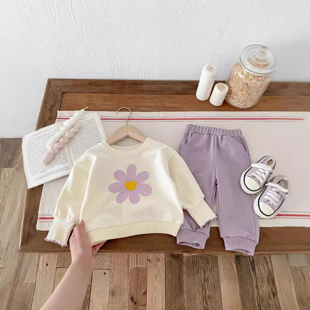 Baby Girls' Cute Flower Sweatshirt And Sweatpants 2pc Set