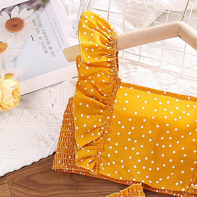 Girls' Suit Polka Dot Brace Top Lace Skirt Two-piece Set