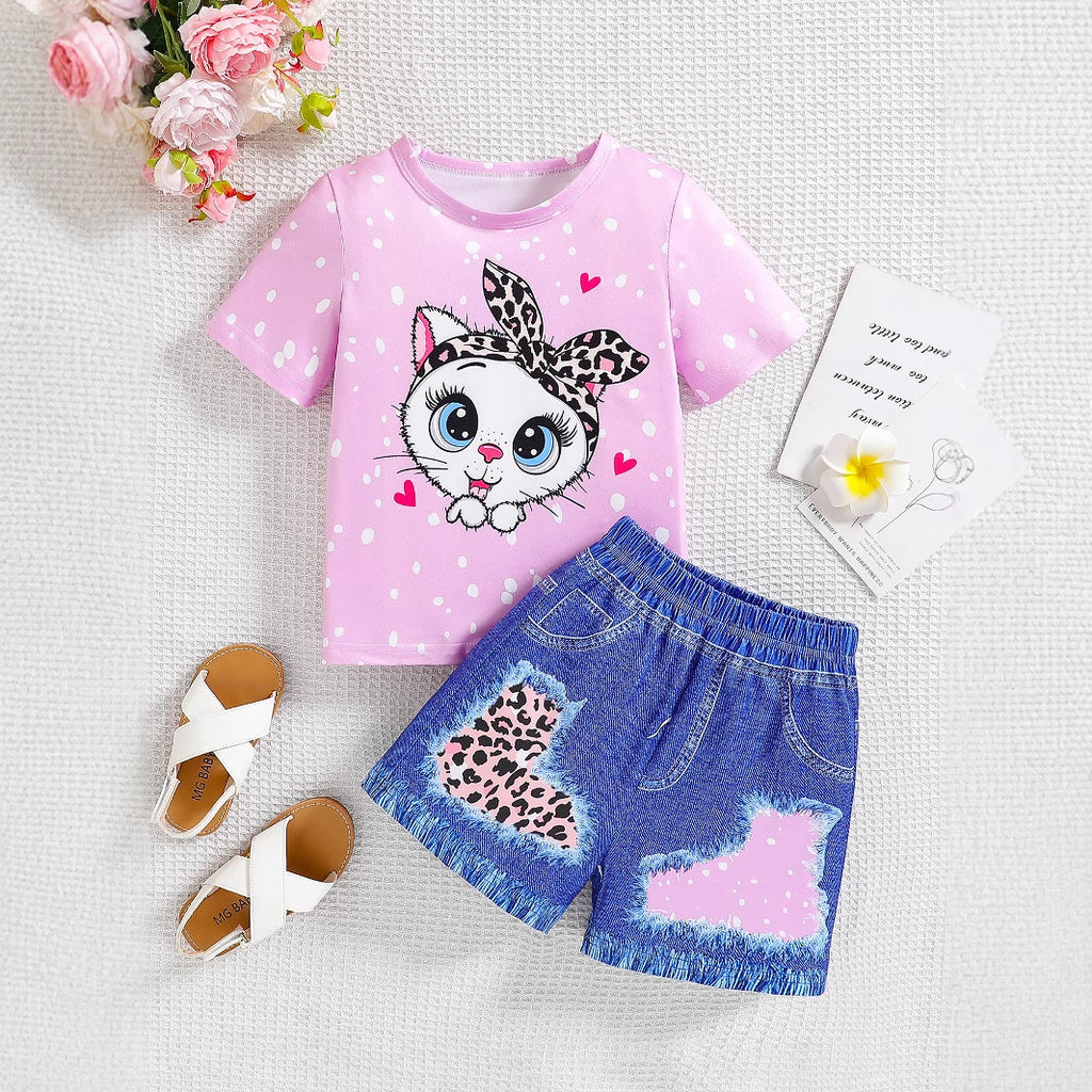 Cartoon Leopard Print Girls' Summer Top and Shorts Two-piece Set